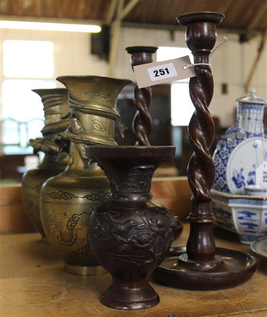 2 Chinese vases, metal vase & barley twist candlesticks